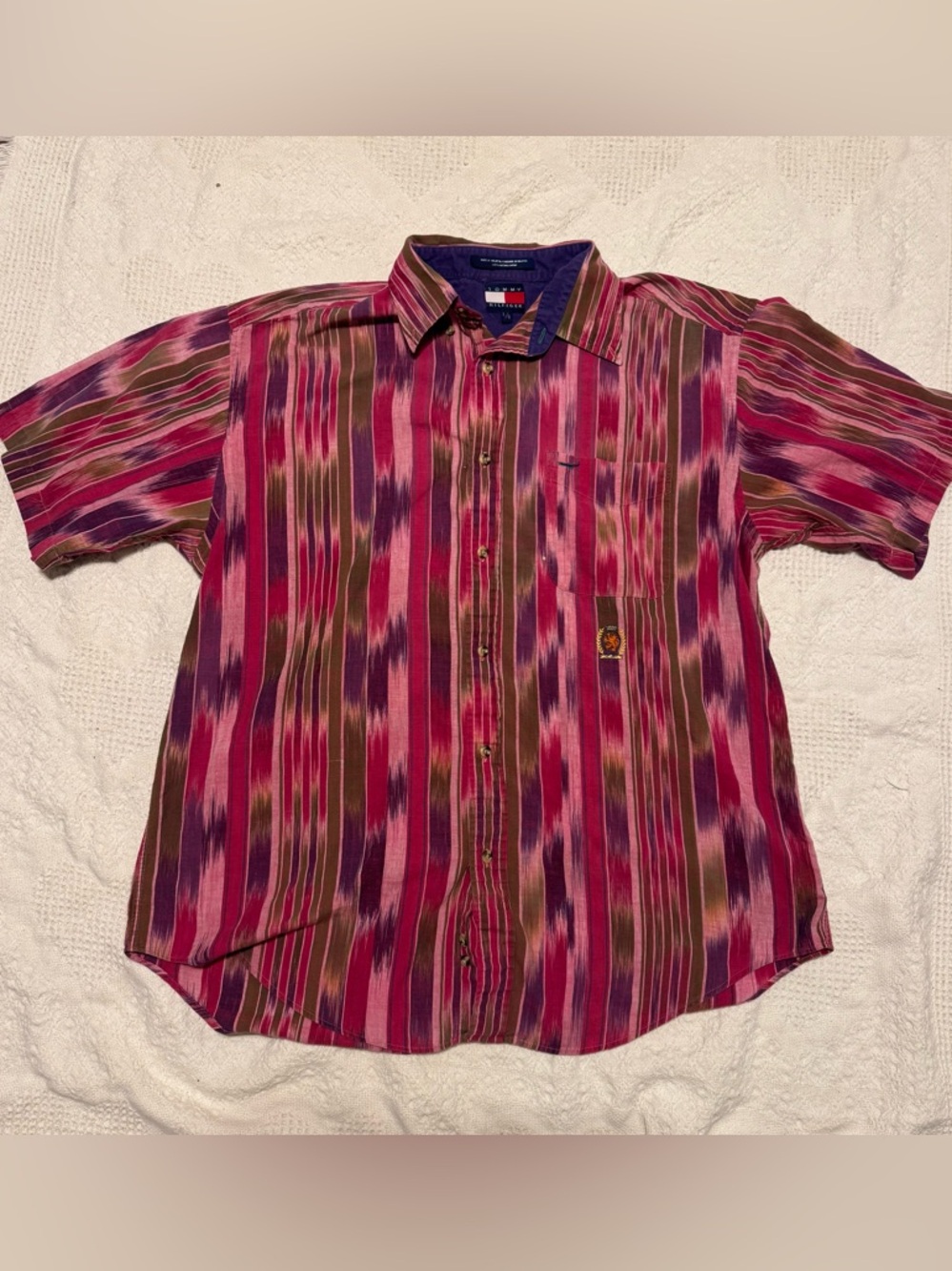 VTG 90s Tommy Hilfiger Ikat Stripe Crest Shirt L Purple Pink Eclectic Grandpa